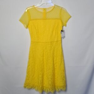 NWT Kensie yellow sheer lace crocheted fit & flare dress sz 0